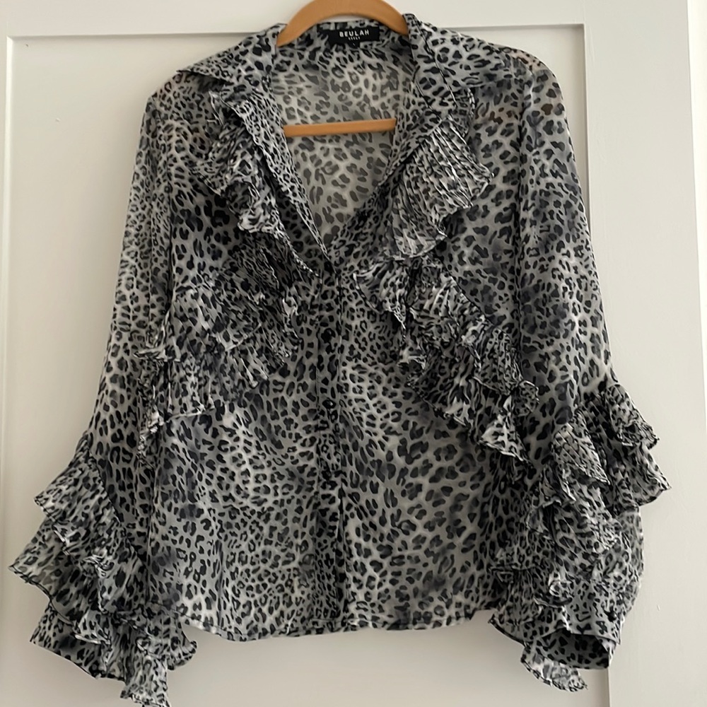 Belulah Sheer Grey Leopard Print Ruffled Blouse